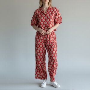 Quiet Culture Take Pause Red Floral Print Two Piece Set Top Capris Pants XXL